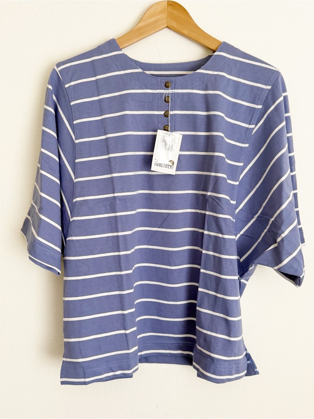 NWT Vintage Together Top Blue White Striped Half Sleeve Henley Tee 90s Cotton M